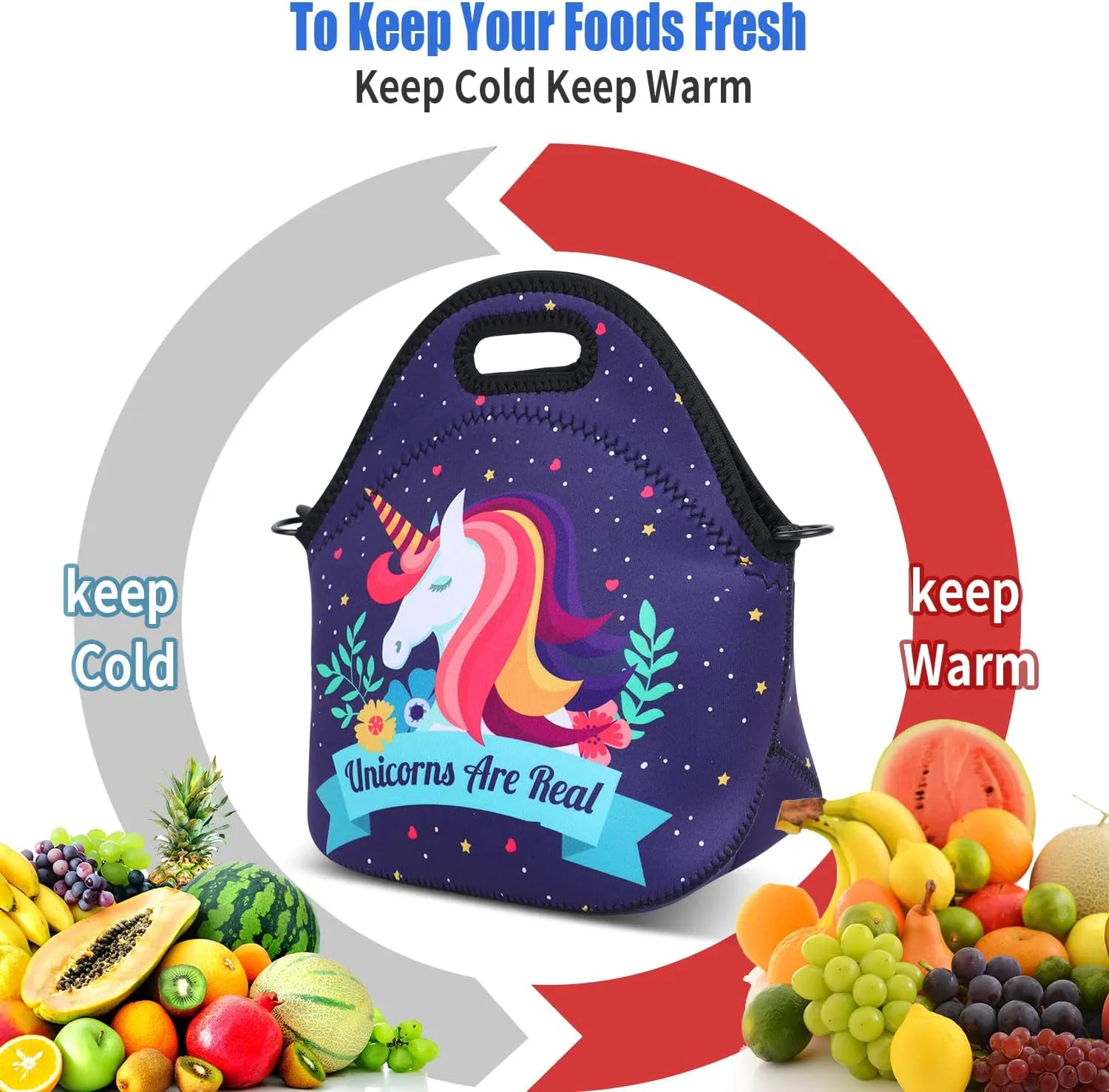 Violet Mist Insulated Neoprene Lunch Bags Tote Detachable Adjustable Shoulder Thermal Waterproof Cartoon Large Capacity Outdoor Picnic Lunch Box for Women men Adults (Unicorn3)