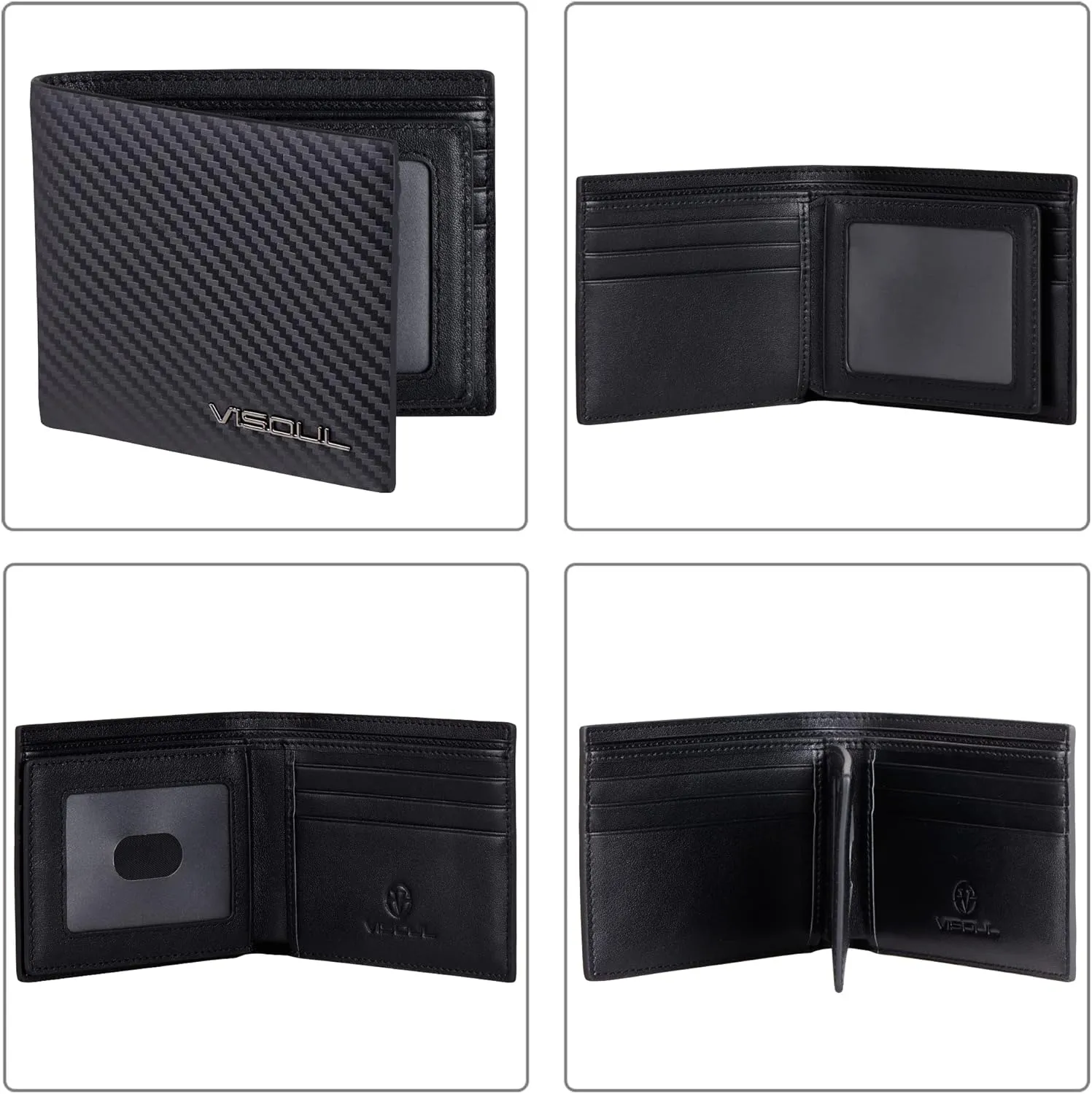 VISOUL Mens Carbon Fiber Leather Bifold Wallet with 2 ID Windows, RFID Blocking Secure Designer Wallets for Men with Two Cash Compartments (Black Black)