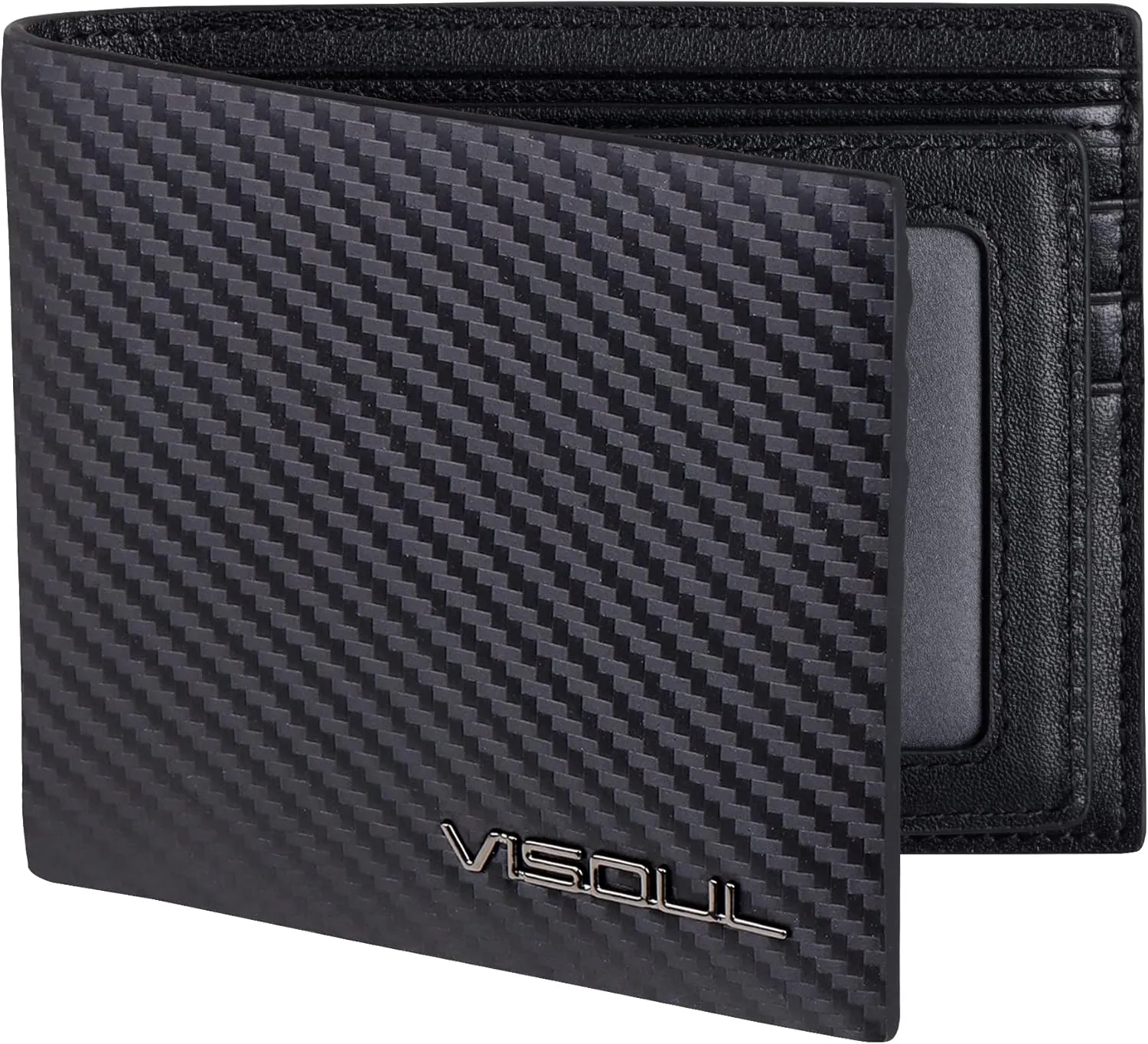 VISOUL Mens Carbon Fiber Leather Bifold Wallet with 2 ID Windows, RFID Blocking Secure Designer Wallets for Men with Two Cash Compartments (Black Black)