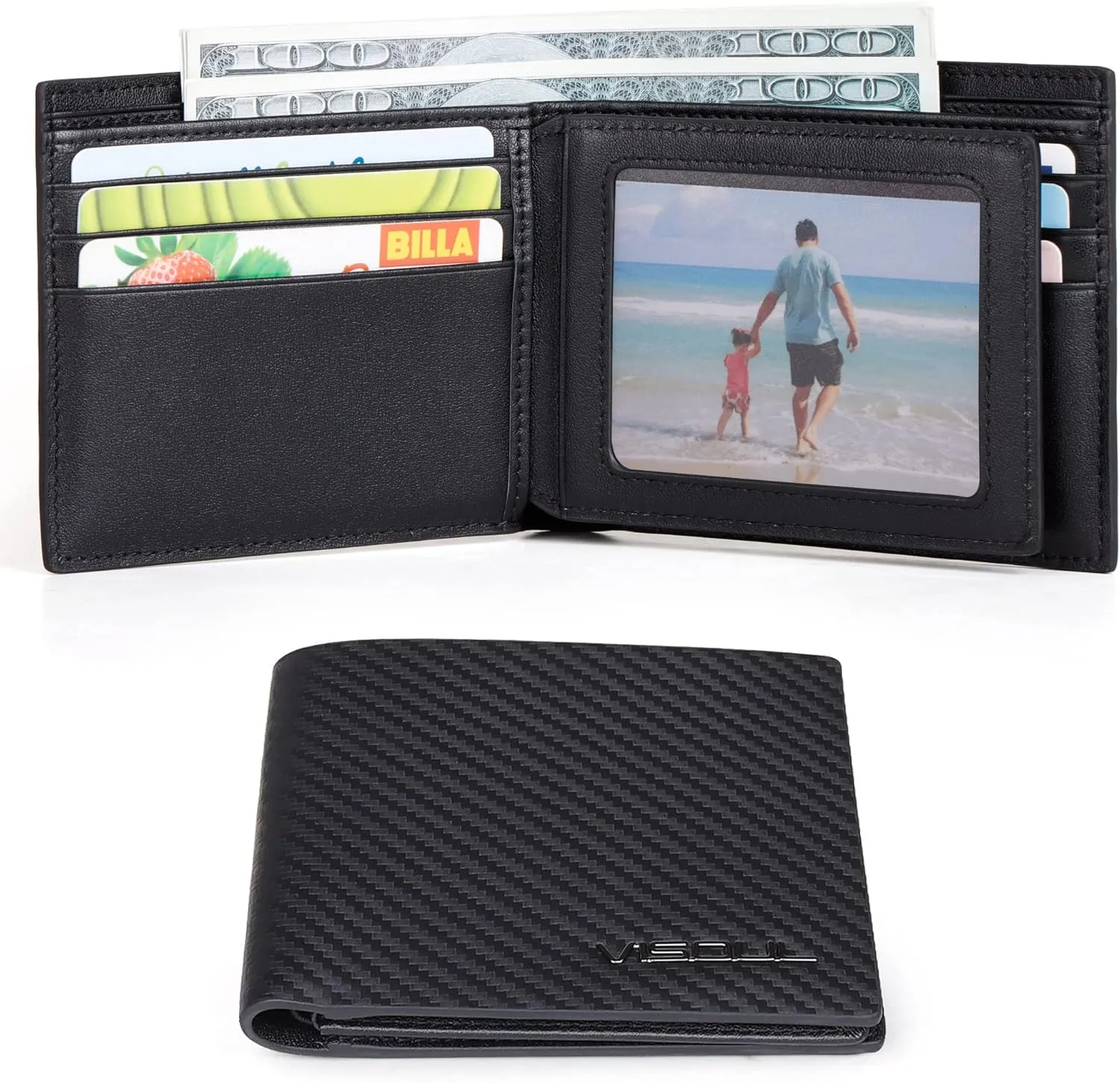 VISOUL Mens Carbon Fiber Leather Bifold Wallet with 2 ID Windows, RFID Blocking Secure Designer Wallets for Men with Two Cash Compartments (Black Black)