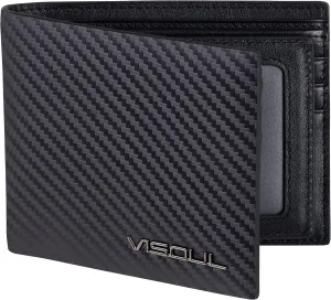 VISOUL Mens Carbon Fiber Leather Bifold Wallet with 2 ID Windows, RFID Blocking Secure Designer Wallets for Men with Two Cash Compartments (Black Black)
