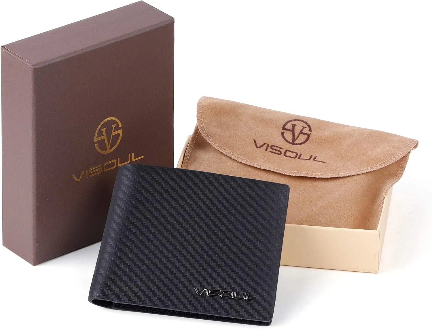 VISOUL Mens Carbon Fiber Leather Bifold Wallet with 2 ID Windows, RFID Blocking Secure Designer Wallets for Men with Two Cash Compartments (Black Black)