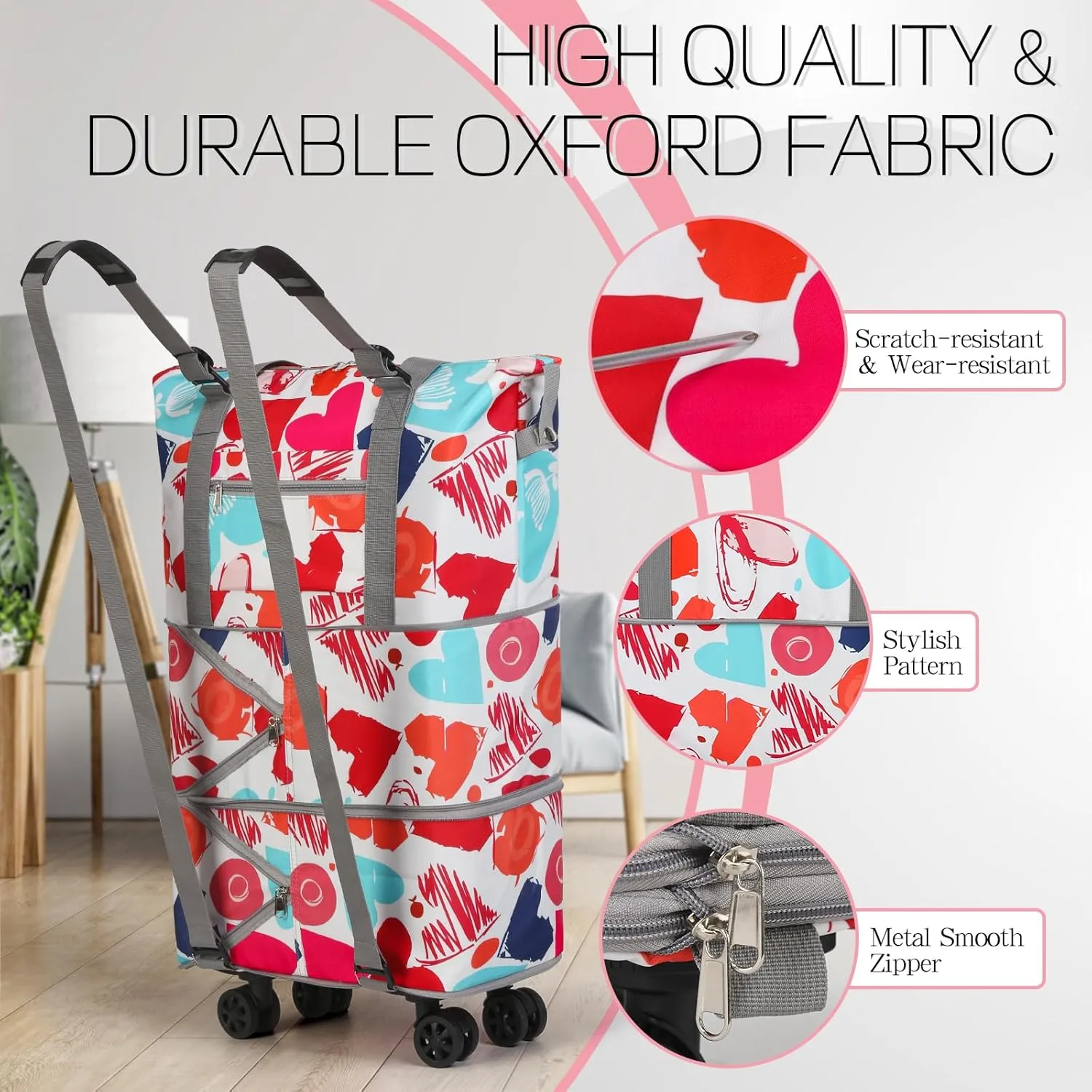 VOOWO Rolling Duffel Bag with Wheels - Foldable Expandable Duffle Bag with Wheels for Travel, Rolling Luggage Bag Wheeled Carry On Bag, Large Rolling Backpack Weekend Bags for Men Women (Love)