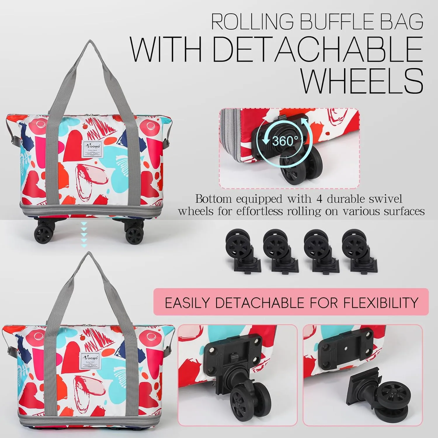 VOOWO Rolling Duffel Bag with Wheels - Foldable Expandable Duffle Bag with Wheels for Travel, Rolling Luggage Bag Wheeled Carry On Bag, Large Rolling Backpack Weekend Bags for Men Women (Love)
