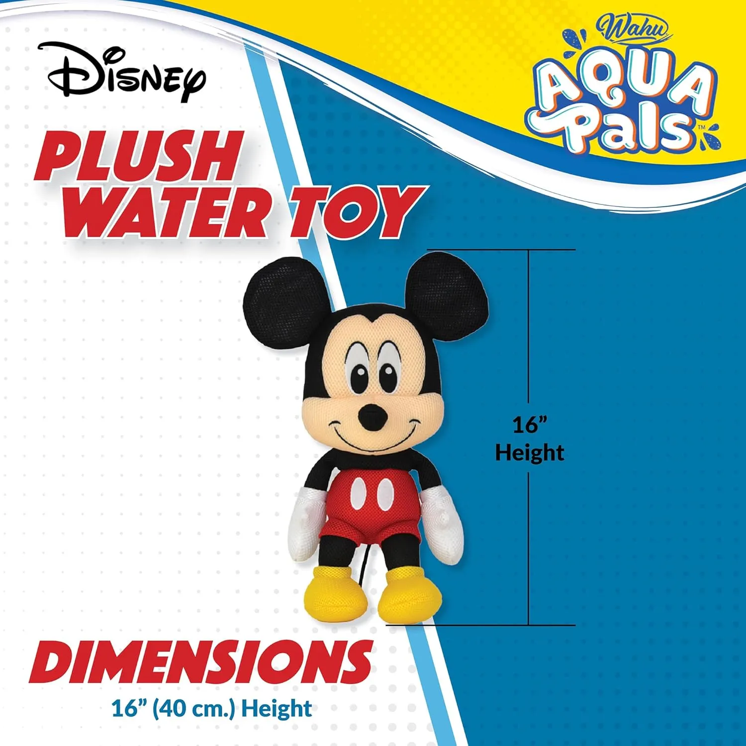 Wahu Aqua Pals Disney Classic Mickey Mouse Plush Water Toy for Kids Ages 2 , Fast-Drying Waterproof Plush Doll Toy for Pool and Bathtub, Medium, Red/Black, 16"