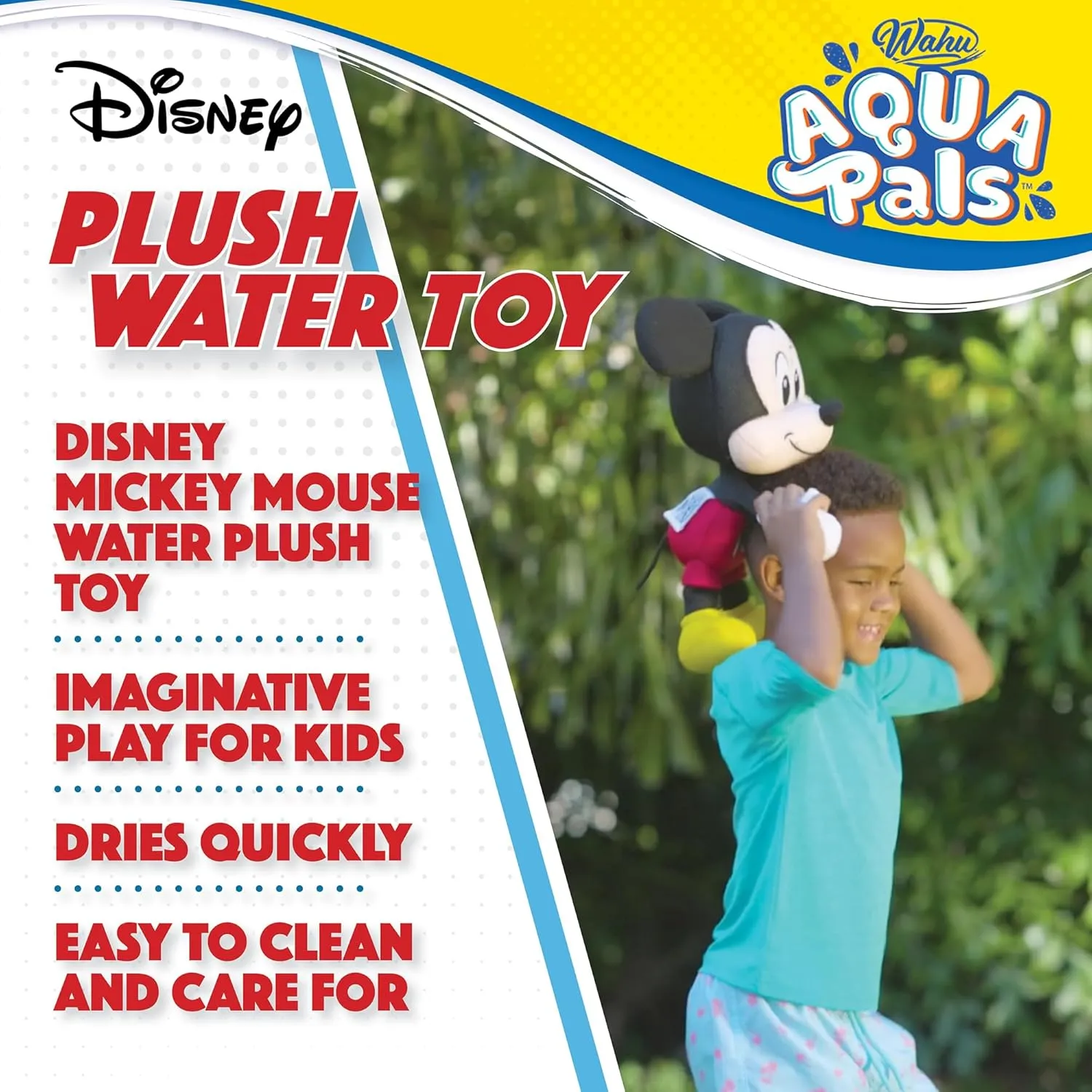 Wahu Aqua Pals Disney Classic Mickey Mouse Plush Water Toy for Kids Ages 2 , Fast-Drying Waterproof Plush Doll Toy for Pool and Bathtub, Medium, Red/Black, 16"