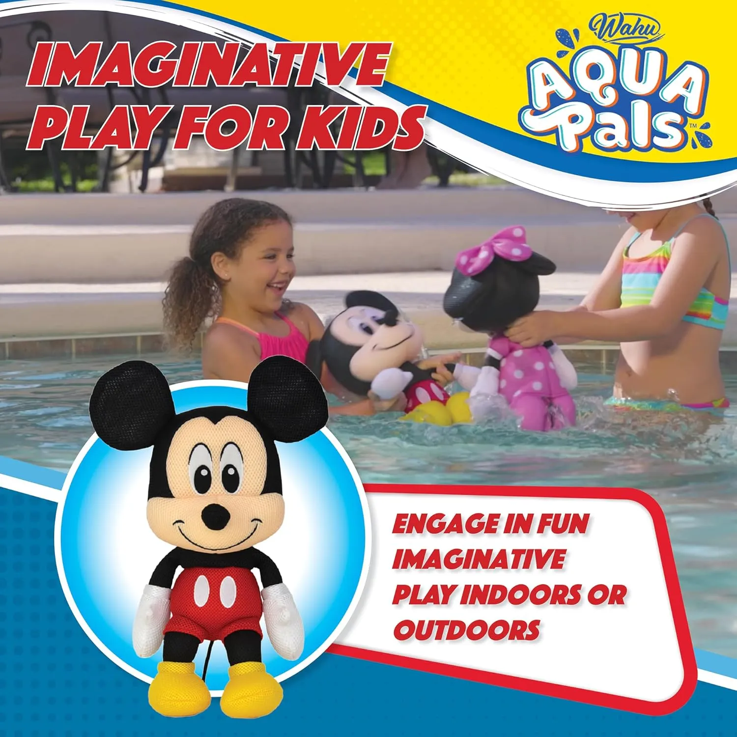 Wahu Aqua Pals Disney Classic Mickey Mouse Plush Water Toy for Kids Ages 2 , Fast-Drying Waterproof Plush Doll Toy for Pool and Bathtub, Medium, Red/Black, 16"