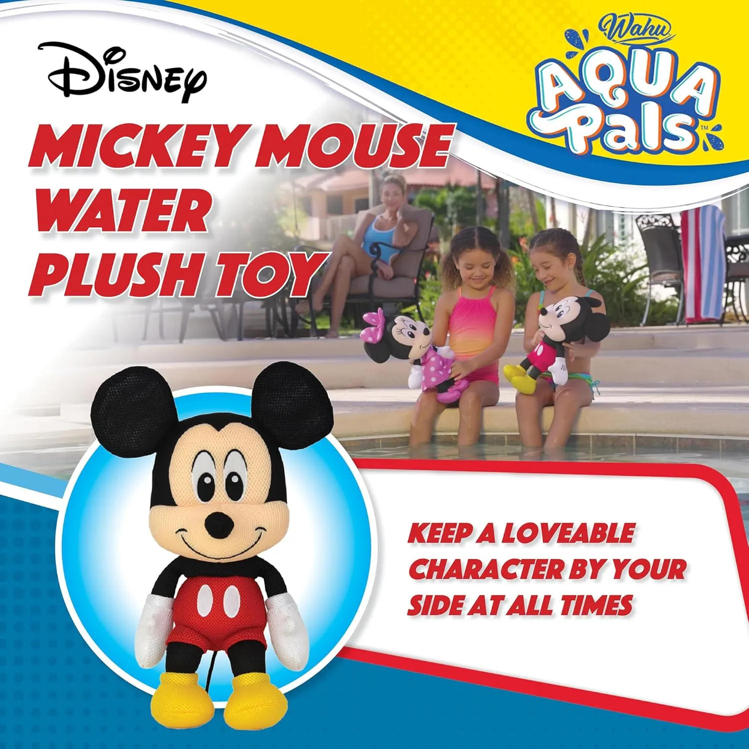 Wahu Aqua Pals Disney Classic Mickey Mouse Plush Water Toy for Kids Ages 2 , Fast-Drying Waterproof Plush Doll Toy for Pool and Bathtub, Medium, Red/Black, 16"