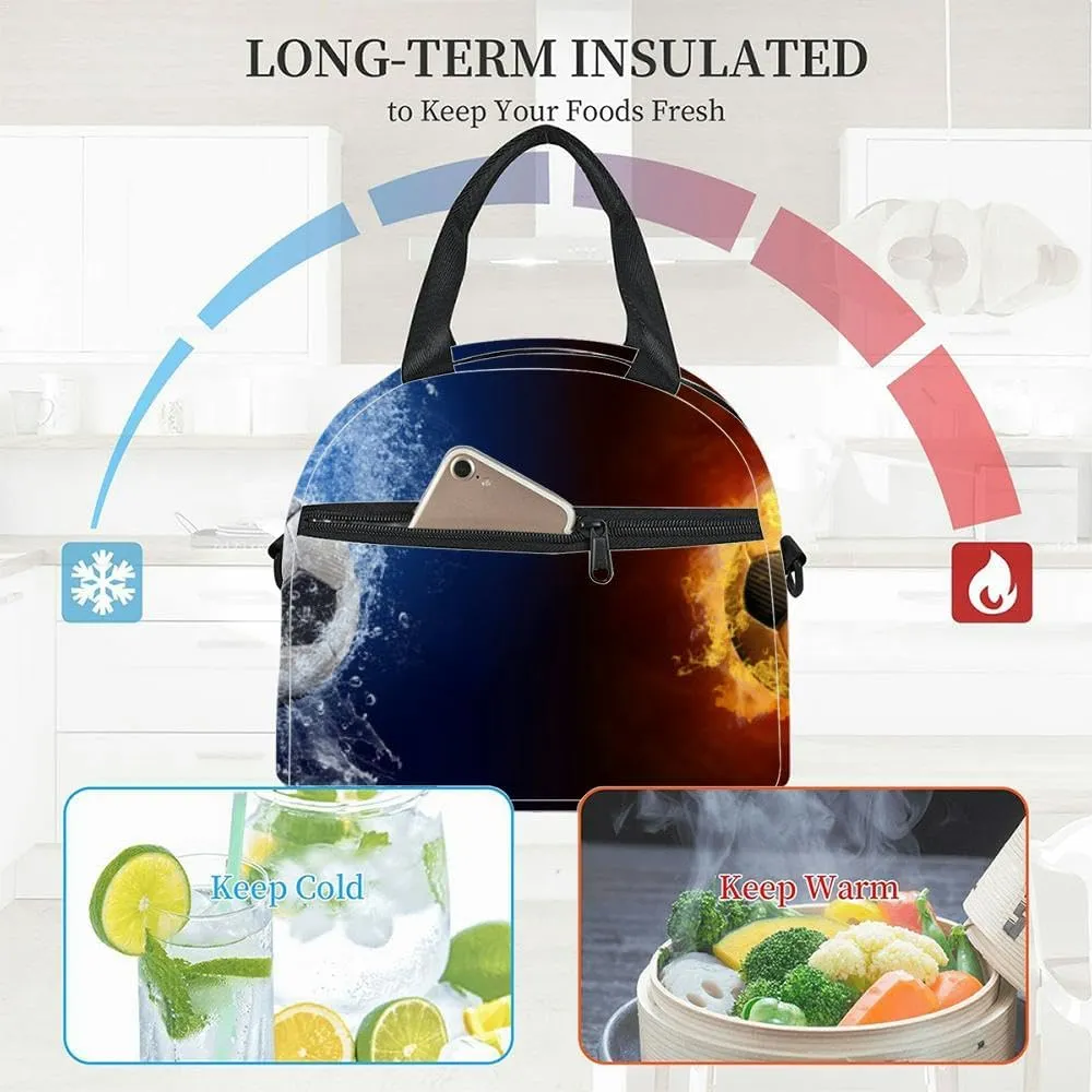 Water drops and fire flames around soccer ball the Insulated Adult Lunch Bag with Shoulder Strap for Women Lightweight Reusable Portable Freezable Lunch Tote Bag for Work Picnic