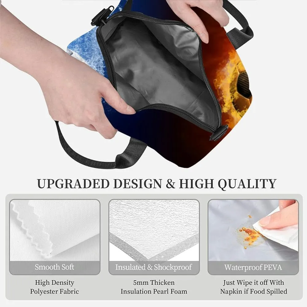 Water drops and fire flames around soccer ball the Insulated Adult Lunch Bag with Shoulder Strap for Women Lightweight Reusable Portable Freezable Lunch Tote Bag for Work Picnic