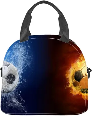 Water drops and fire flames around soccer ball the Insulated Adult Lunch Bag with Shoulder Strap for Women Lightweight Reusable Portable Freezable Lunch Tote Bag for Work Picnic