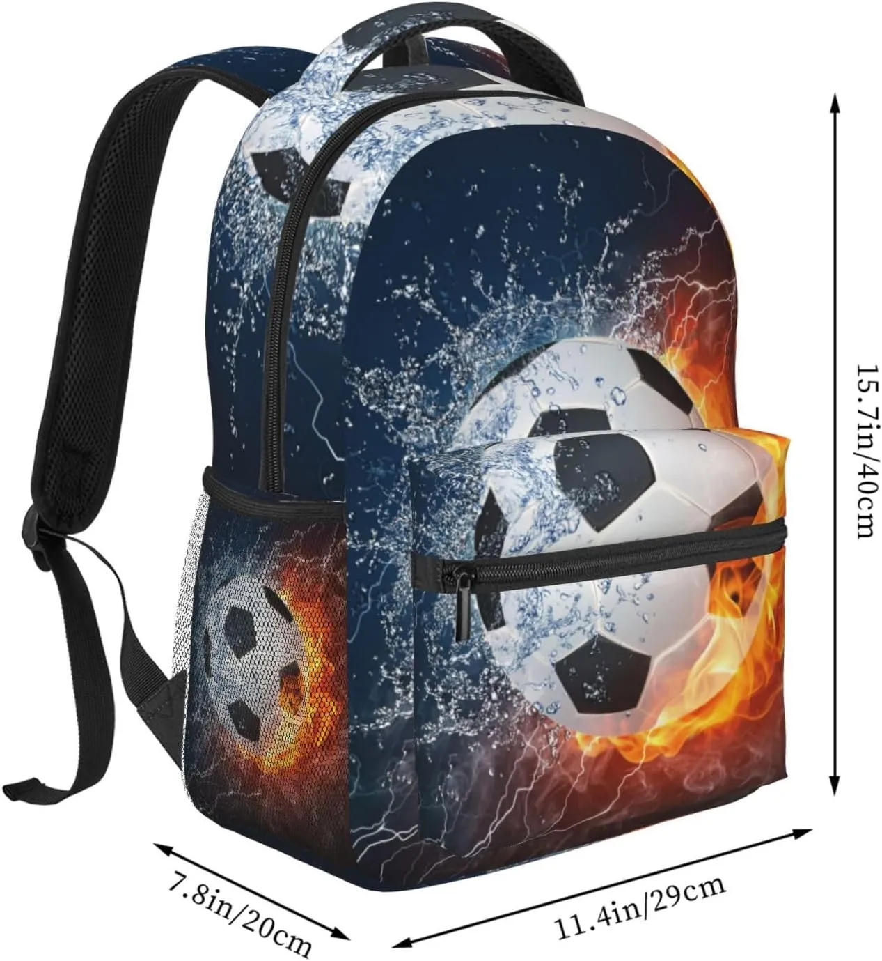 Water Fire Soccer Boys Backpack Elementary Middle School Backpack Bookbag for Girls Boys Kids Teen Back to School Book Bag Gifts for 2nd 3rd 4th 5th 6th Grade Students