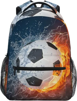 Water Fire Soccer Boys Backpack Elementary Middle School Backpack Bookbag for Girls Boys Kids Teen Back to School Book Bag Gifts for 2nd 3rd 4th 5th 6th Grade Students