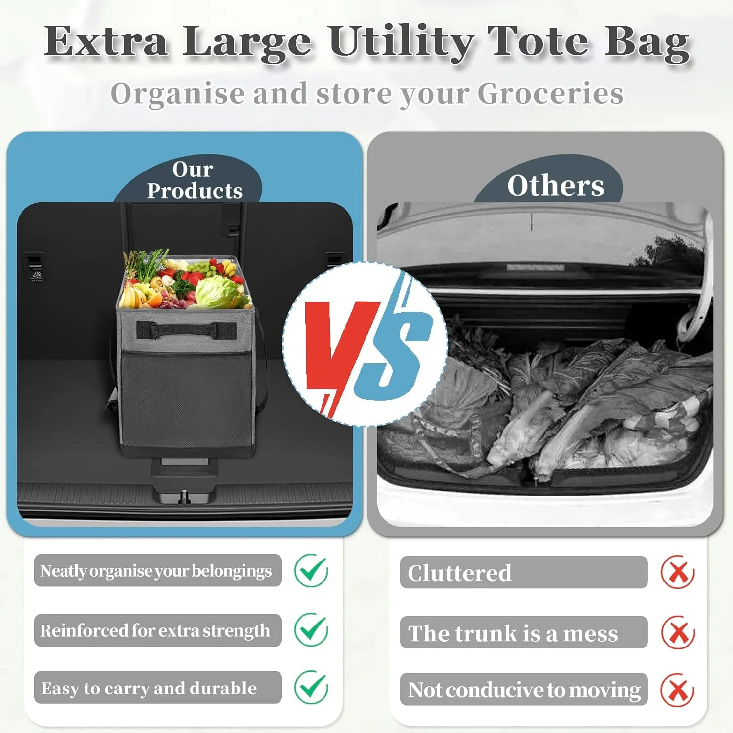 Waterproof Stand Up Utility Tote Bag, Extra Large Insulated Grocery Tote Bag, Foldable Bag with Sturdy Bottom,Heavy Duty Reusable Storage Bag,Easy to Clean