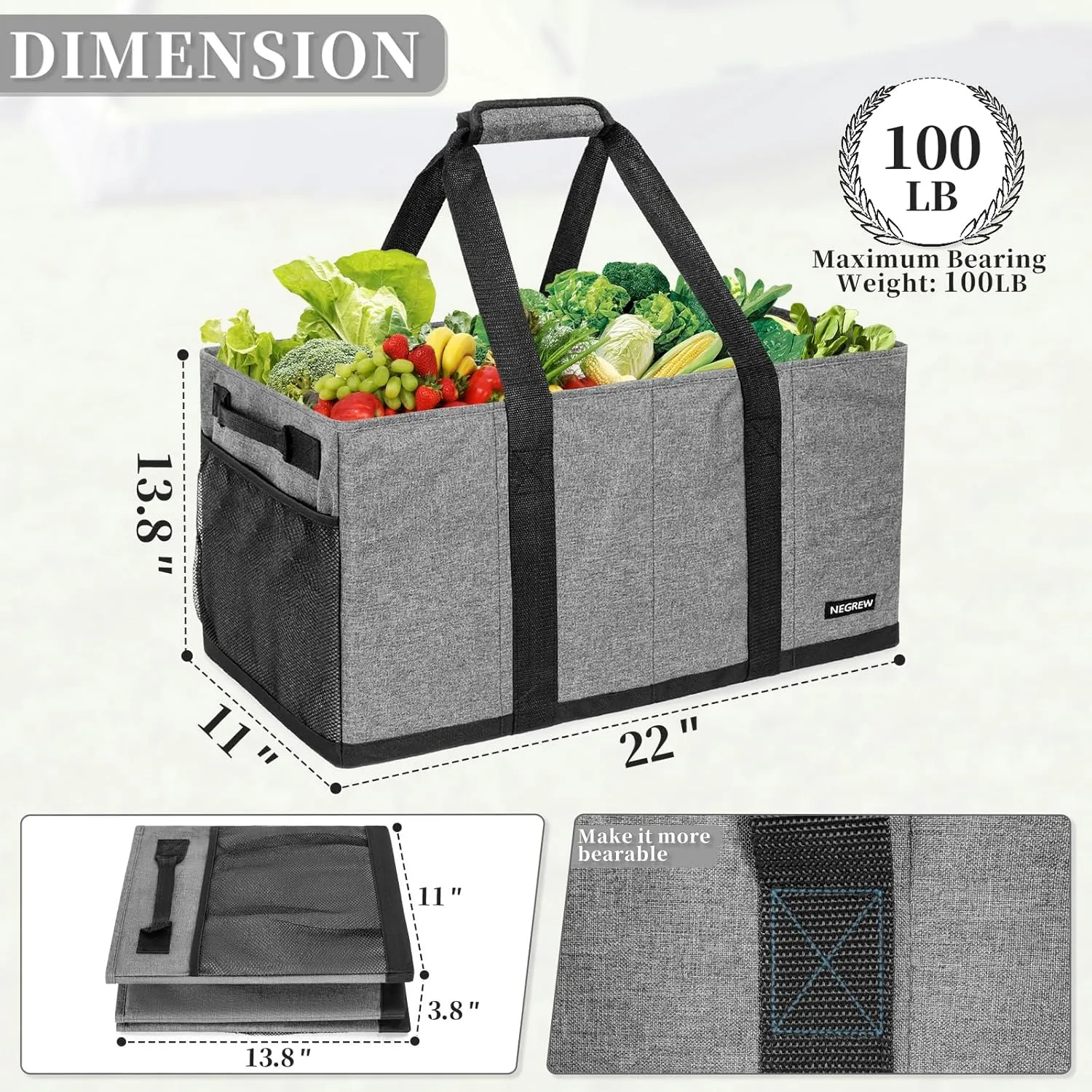 Waterproof Stand Up Utility Tote Bag, Extra Large Insulated Grocery Tote Bag, Foldable Bag with Sturdy Bottom,Heavy Duty Reusable Storage Bag,Easy to Clean