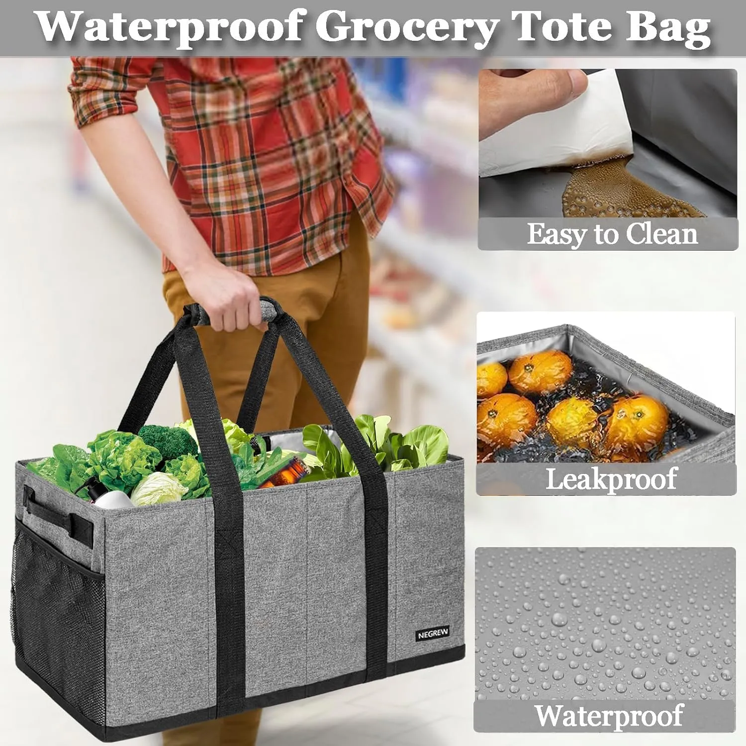 Waterproof Stand Up Utility Tote Bag, Extra Large Insulated Grocery Tote Bag, Foldable Bag with Sturdy Bottom,Heavy Duty Reusable Storage Bag,Easy to Clean