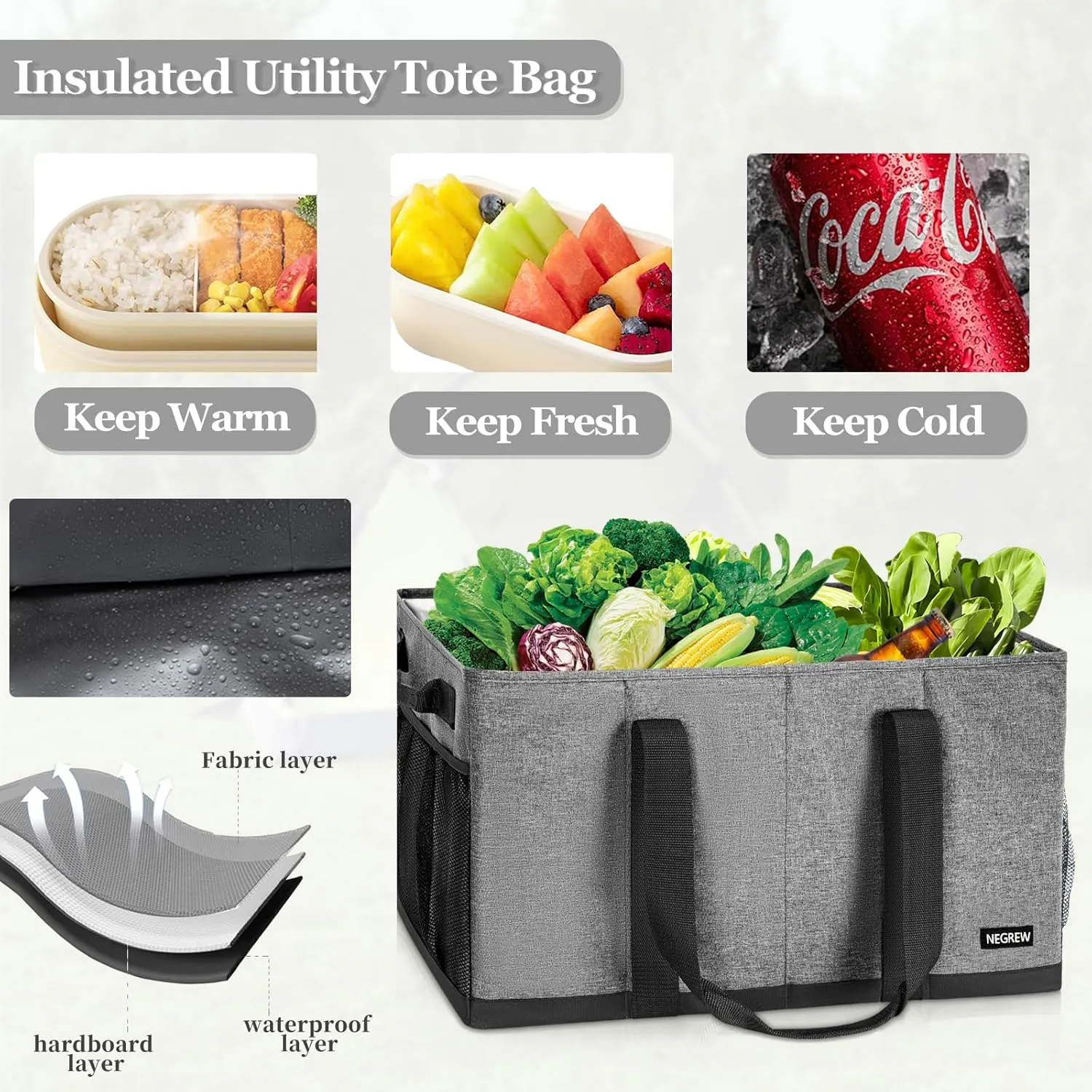 Waterproof Stand Up Utility Tote Bag, Extra Large Insulated Grocery Tote Bag, Foldable Bag with Sturdy Bottom,Heavy Duty Reusable Storage Bag,Easy to Clean