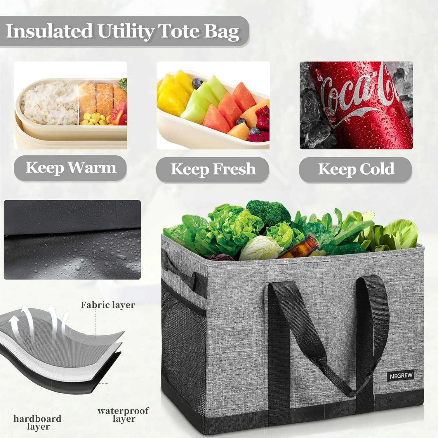 Waterproof Stand Up Utility Tote, Extra Large Insulated Grocery Tote with Sturdy Bottom, Heavy Duty Reusable Storage Bag, Easy to Clean