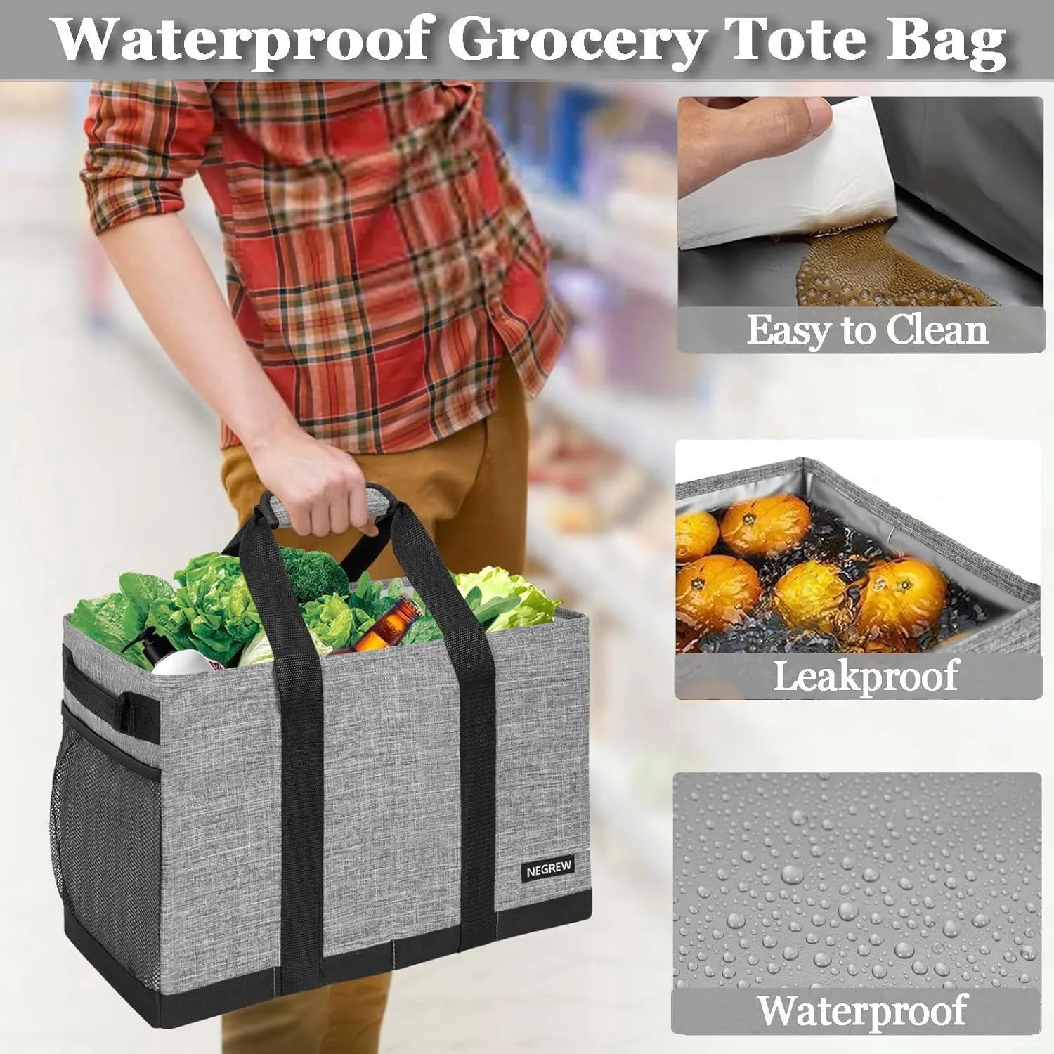 Waterproof Stand Up Utility Tote, Extra Large Insulated Grocery Tote with Sturdy Bottom, Heavy Duty Reusable Storage Bag, Easy to Clean