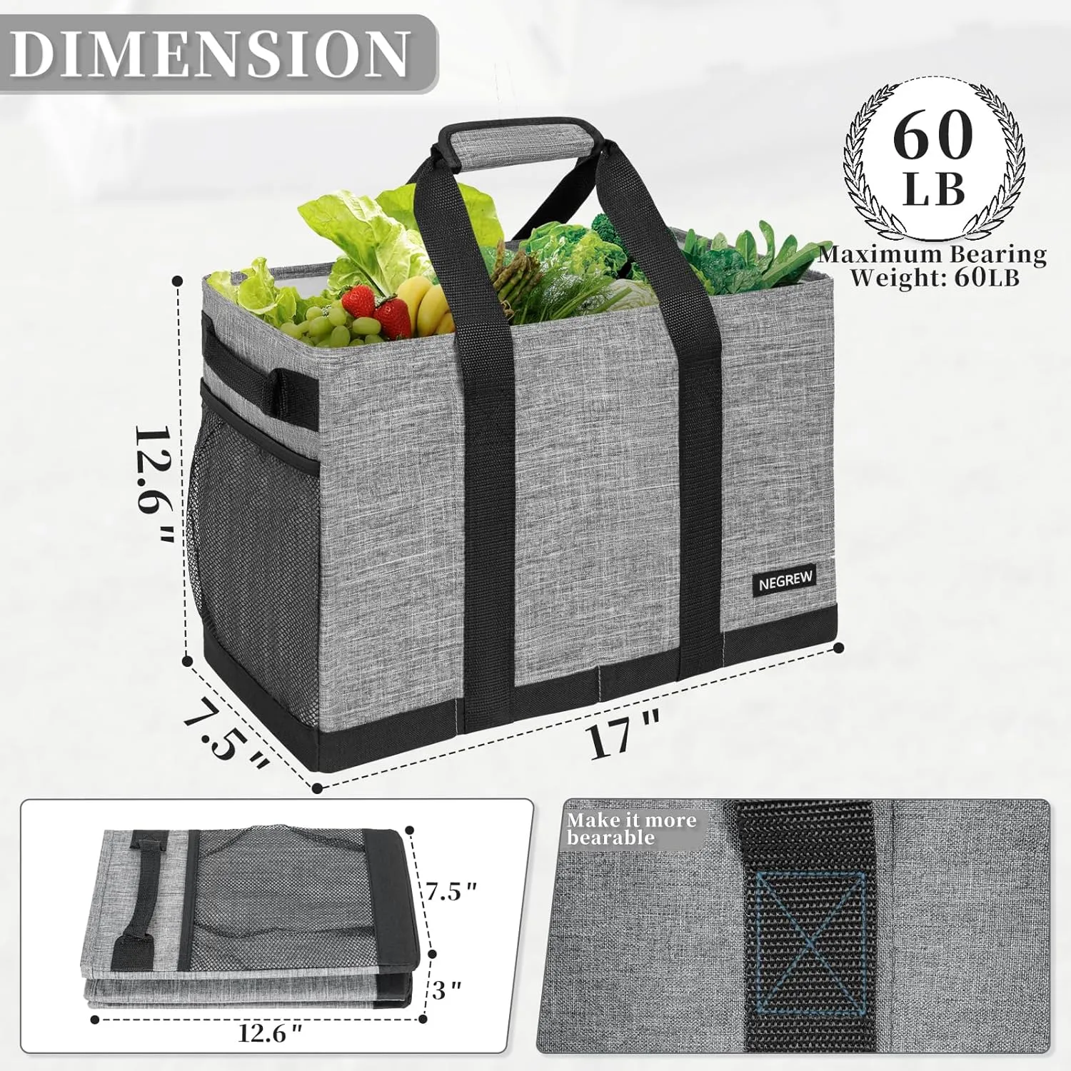 Waterproof Stand Up Utility Tote, Extra Large Insulated Grocery Tote with Sturdy Bottom, Heavy Duty Reusable Storage Bag, Easy to Clean