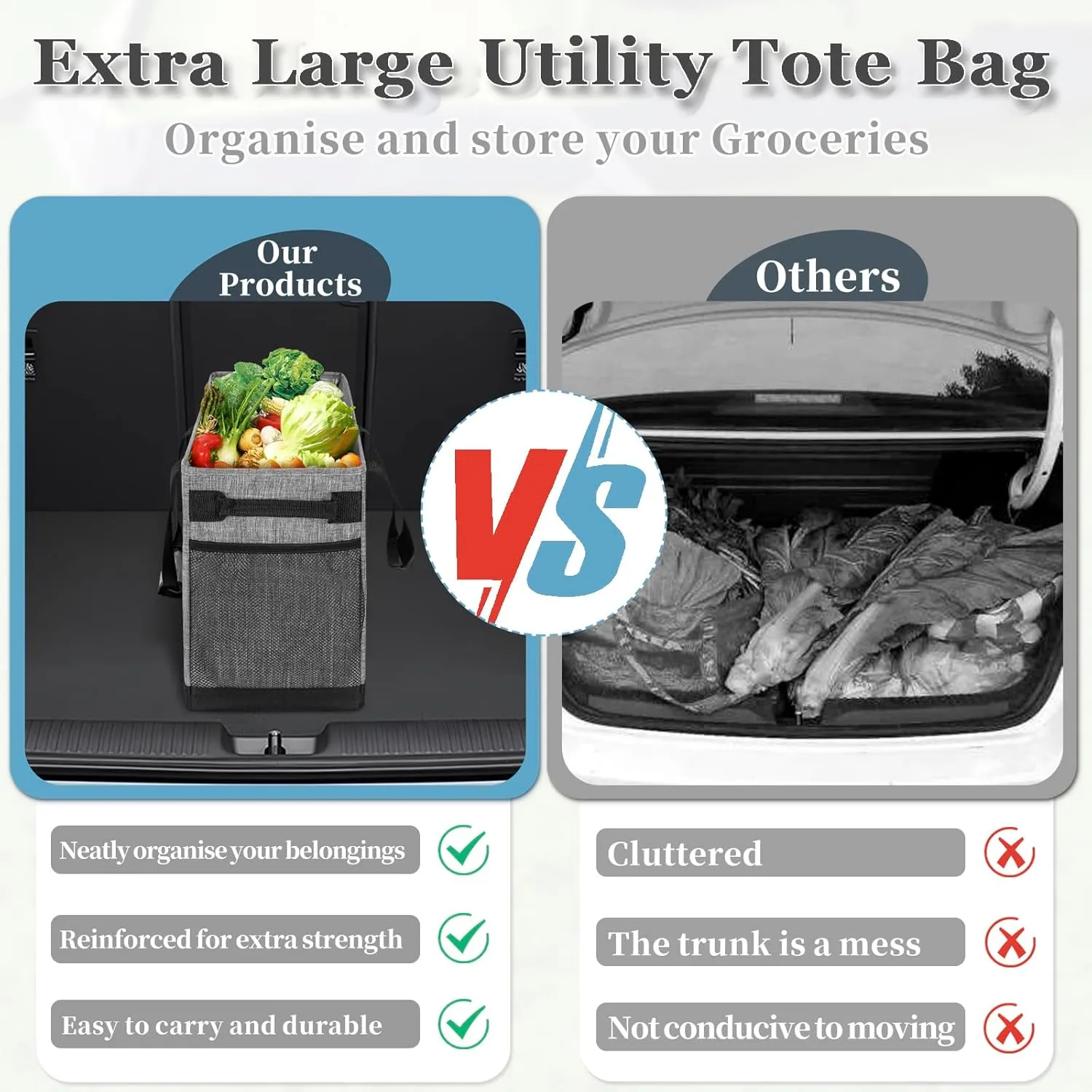 Waterproof Stand Up Utility Tote, Extra Large Insulated Grocery Tote with Sturdy Bottom, Heavy Duty Reusable Storage Bag, Easy to Clean