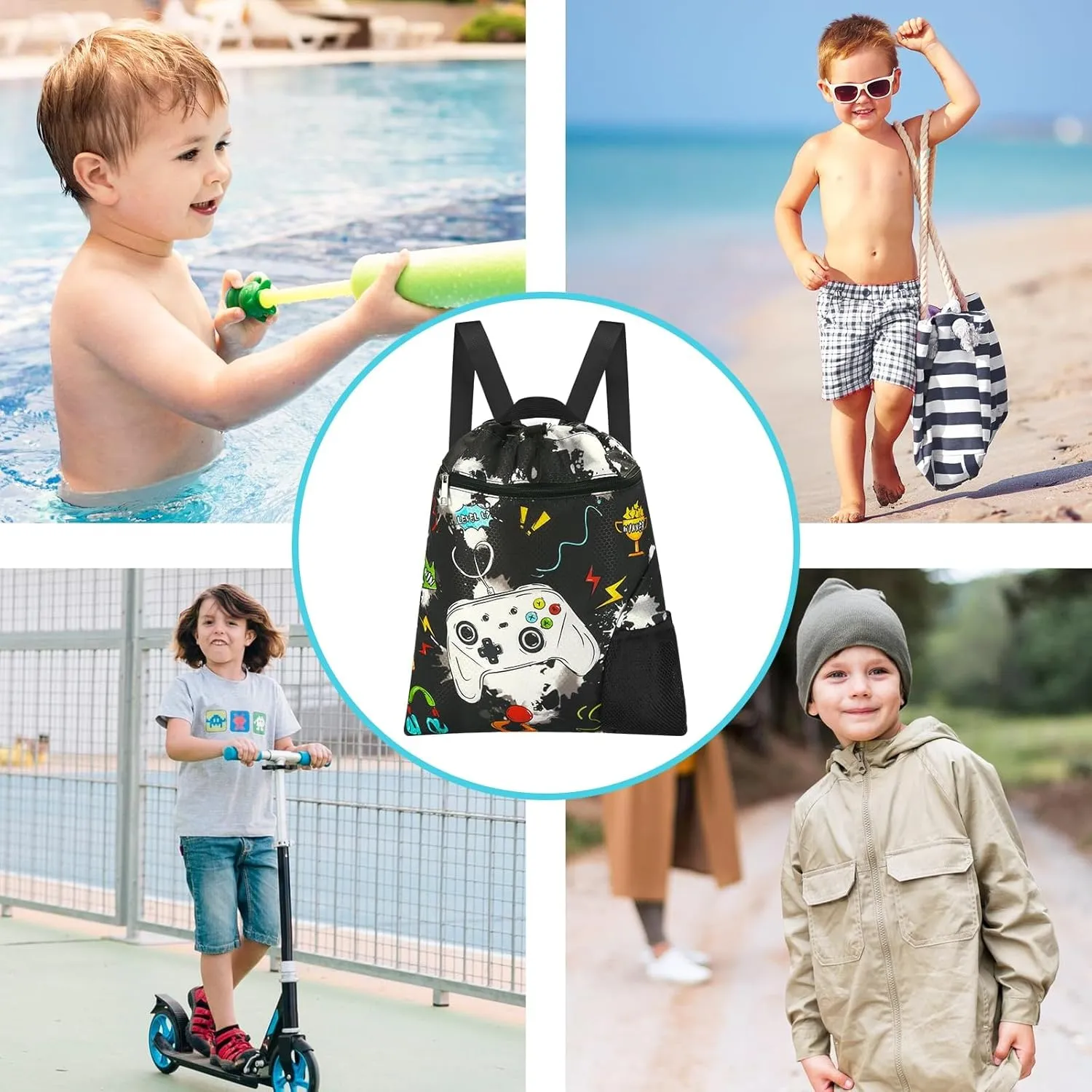 WAWSAM Gym Drawstring Backpack String Bag - 15” x 17” Sports Gym Bag for Kids Waterproof Swimming Beach Shopping Yoga Bag