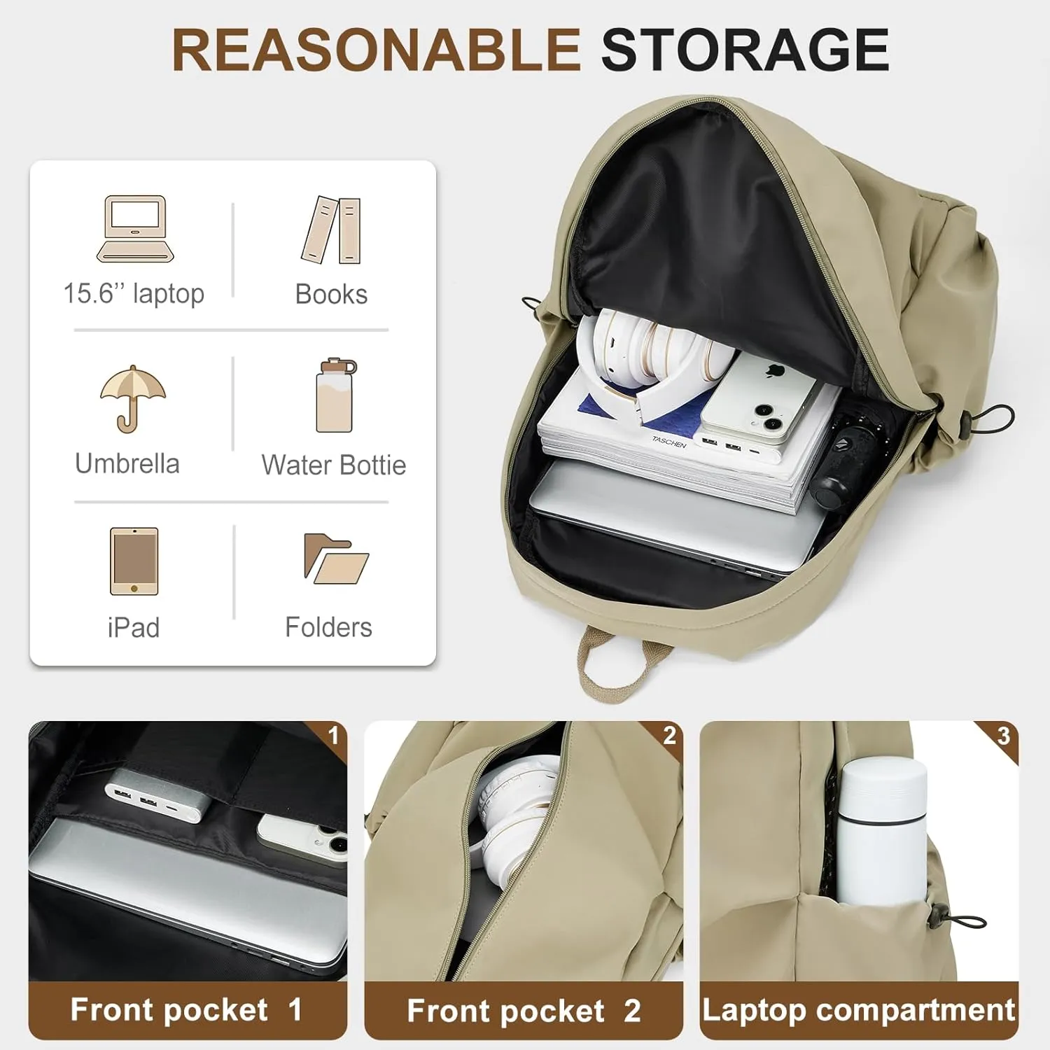weradar School Backpack For Women Men,Waterproof College Backpack,High School bag,Lightweight Casual Daypack Middle Student Travel Back pack,Cute Bookbag For Teens Boys Girls (Khaki)