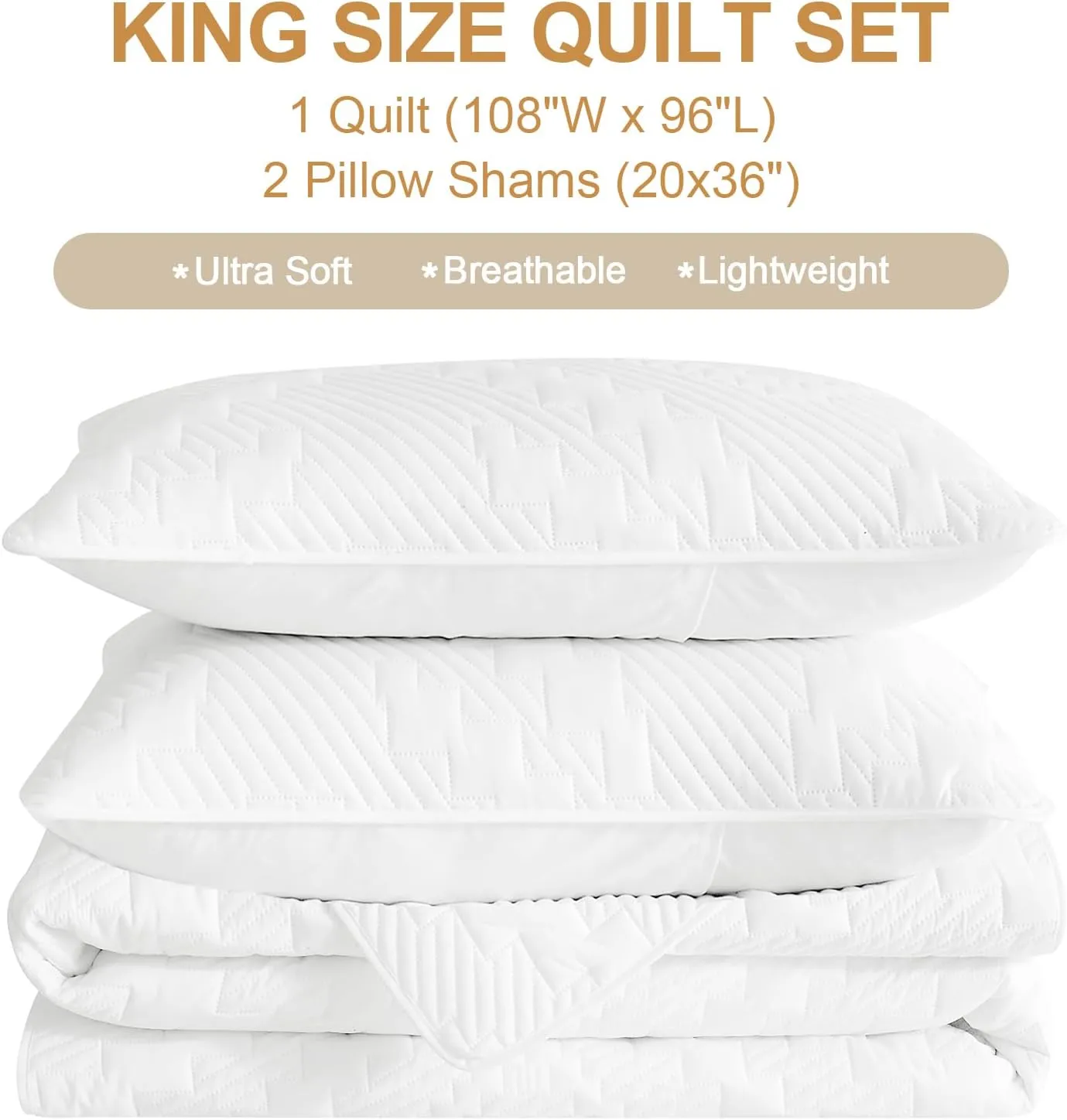 White Quilt King Size, Ultrasonic Oversized King Quilts with Pillow Shams, Soft Lightweight Summer Bedspread Coverlets for All Seasons, 3 Pieces (1 Quilt, 2 Pillow Shams)