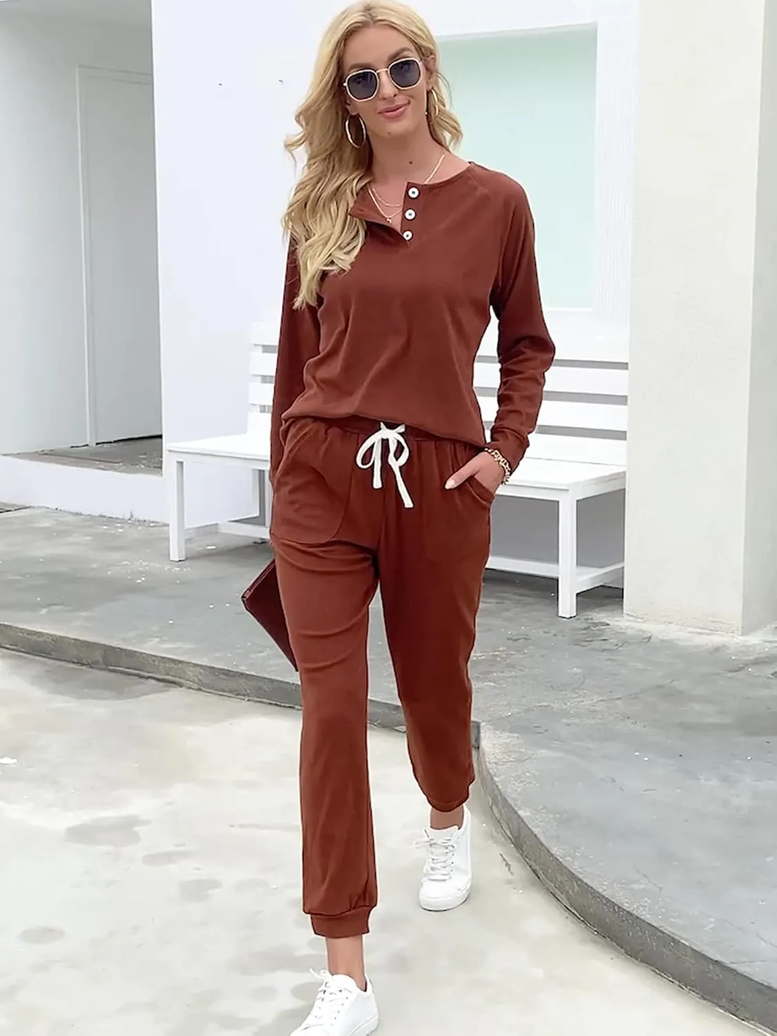 WIHOLL Two Piece Outfits for Women Lounge Sets Button Down Sweatshirt Sweatpants Sweatsuits Set with Pockets