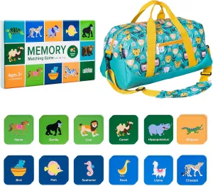 Wildkin Overnighter Duffel Bag and Animals Memory Matching Game (36 pc) Bundle: Unleash Mindful Adventures - Pack and Play for Boundless Fun (Party Animals)