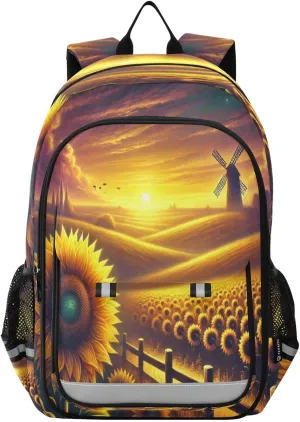 Windmill Sunflower Backpack for Girls Boys School Elementary Middle School Bags Back Pack for Kids Travel Teens Students