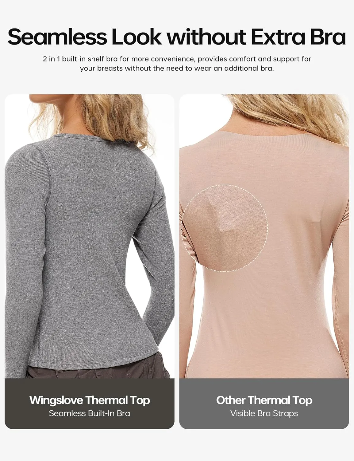 Wingslove Thermal Long Sleeve Built-in Bra for Women Boat Neck Tops for Fall and Winter Basics Shelf Bra Shirts
