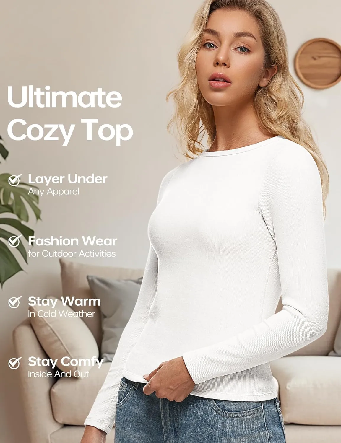 Wingslove Thermal Long Sleeve Built-in Bra for Women Boat Neck Tops for Fall and Winter Basics Shelf Bra Shirts