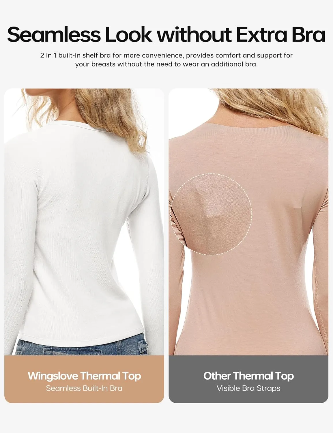 Wingslove Thermal Long Sleeve Built-in Bra for Women Boat Neck Tops for Fall and Winter Basics Shelf Bra Shirts