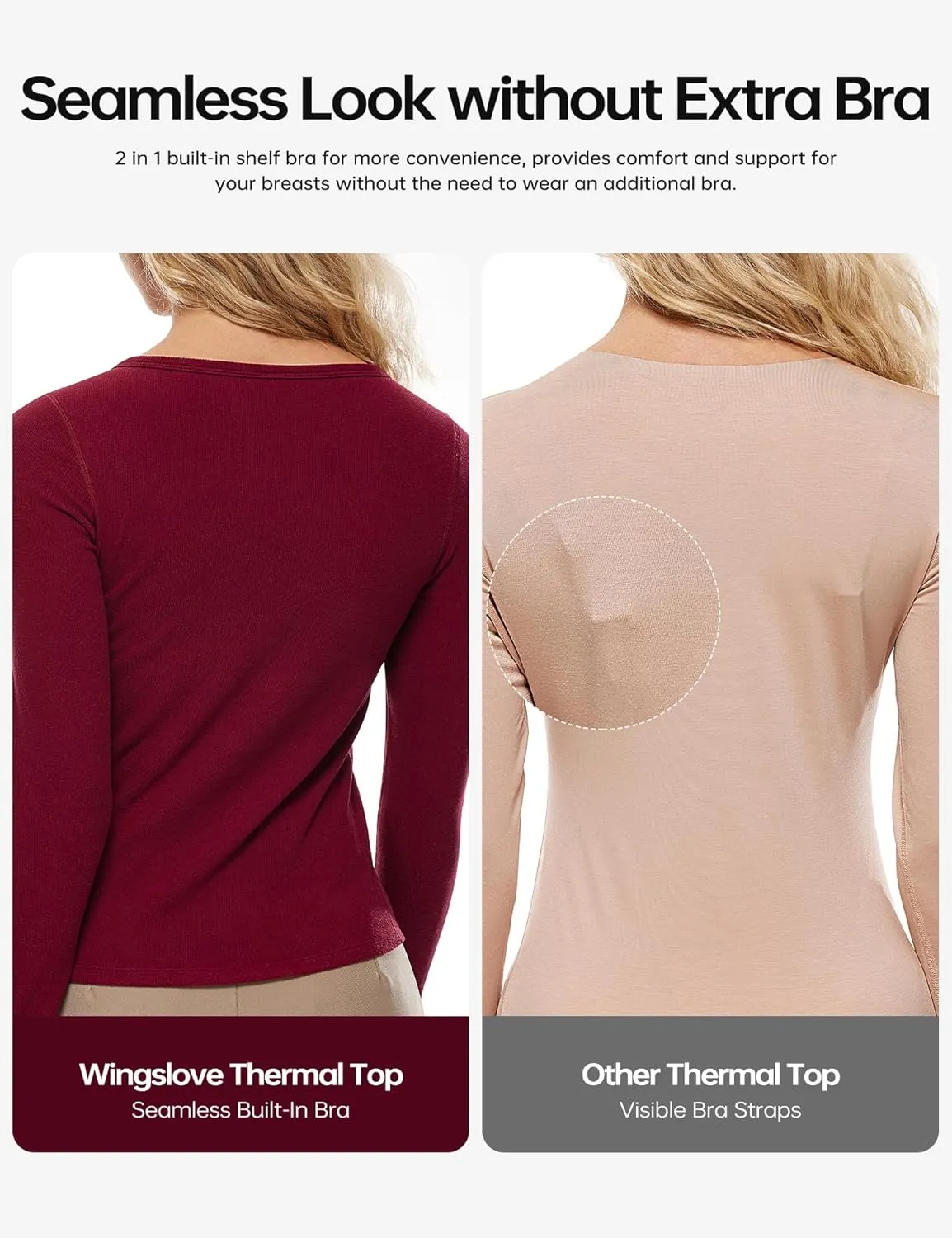 Wingslove Thermal Long Sleeve Built-in Bra for Women Boat Neck Tops for Fall and Winter Basics Shelf Bra Shirts