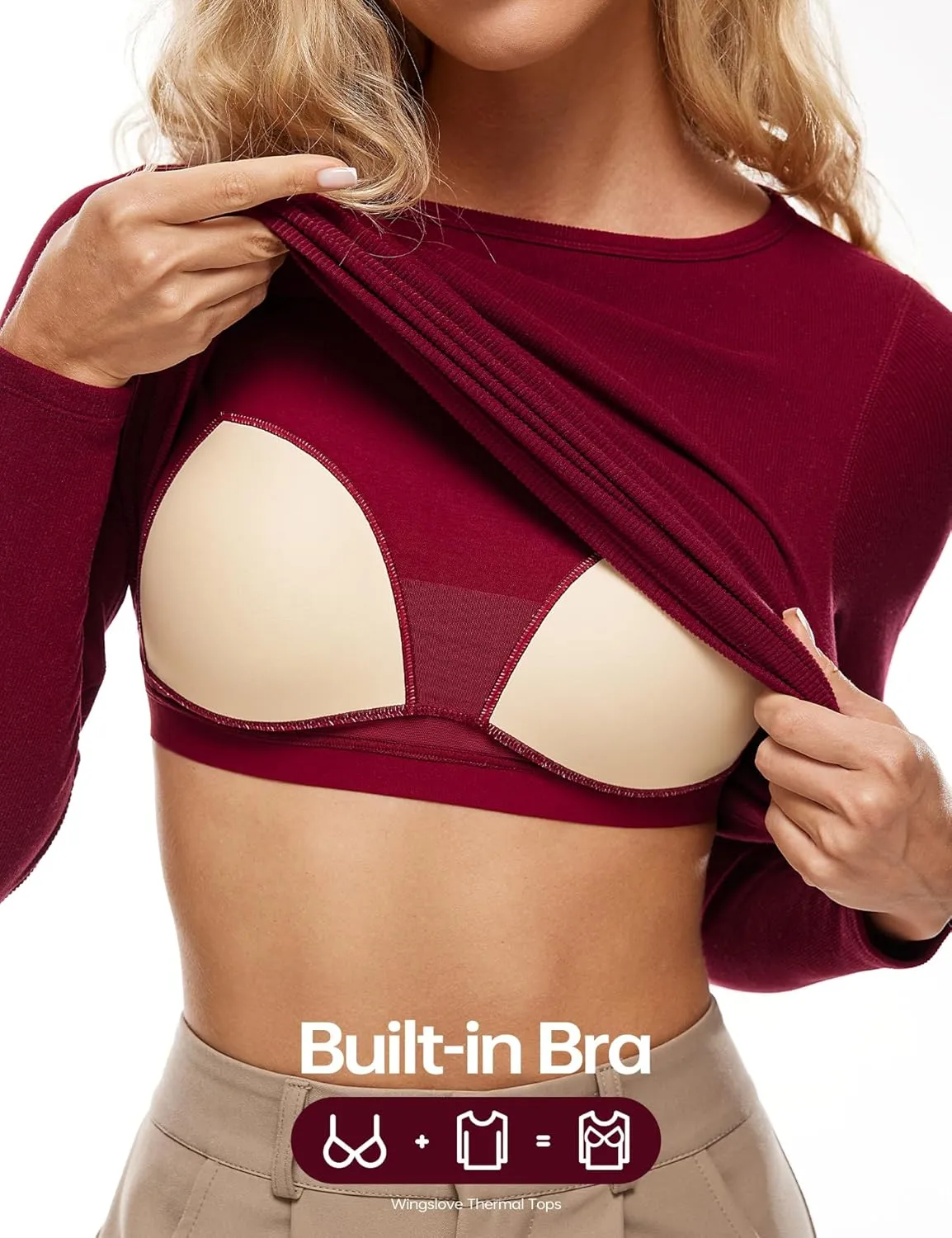 Wingslove Thermal Long Sleeve Built-in Bra for Women Boat Neck Tops for Fall and Winter Basics Shelf Bra Shirts