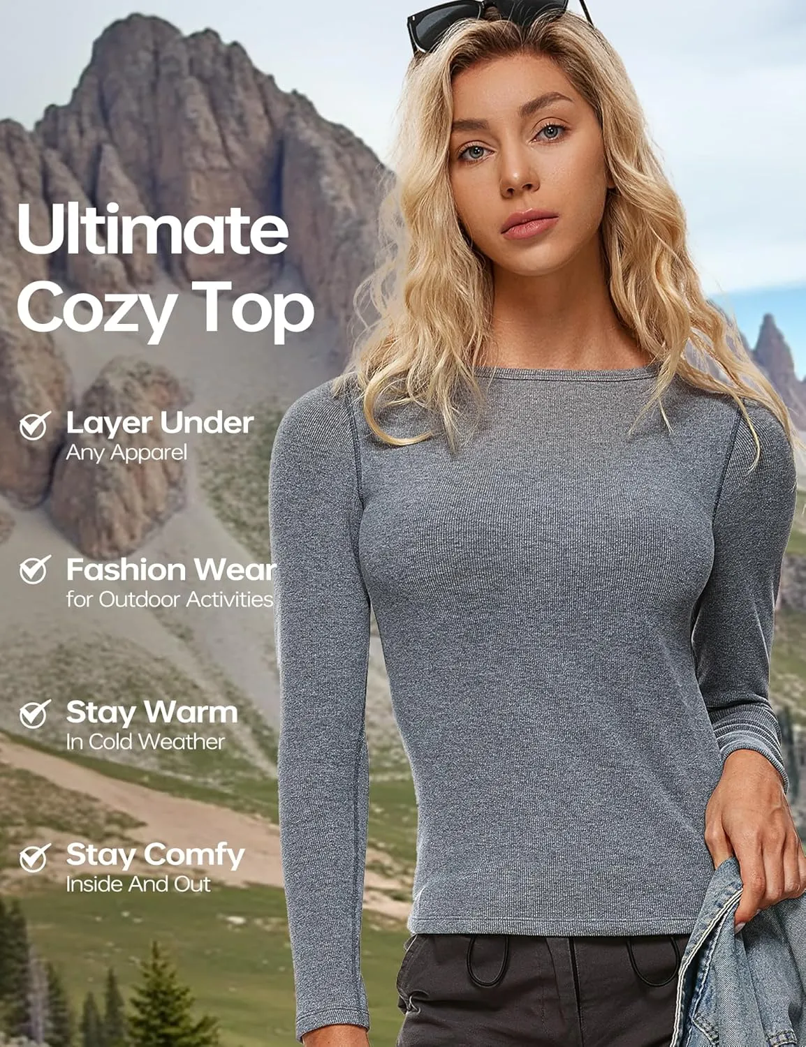 Wingslove Thermal Long Sleeve Built-in Bra for Women Boat Neck Tops for Fall and Winter Basics Shelf Bra Shirts
