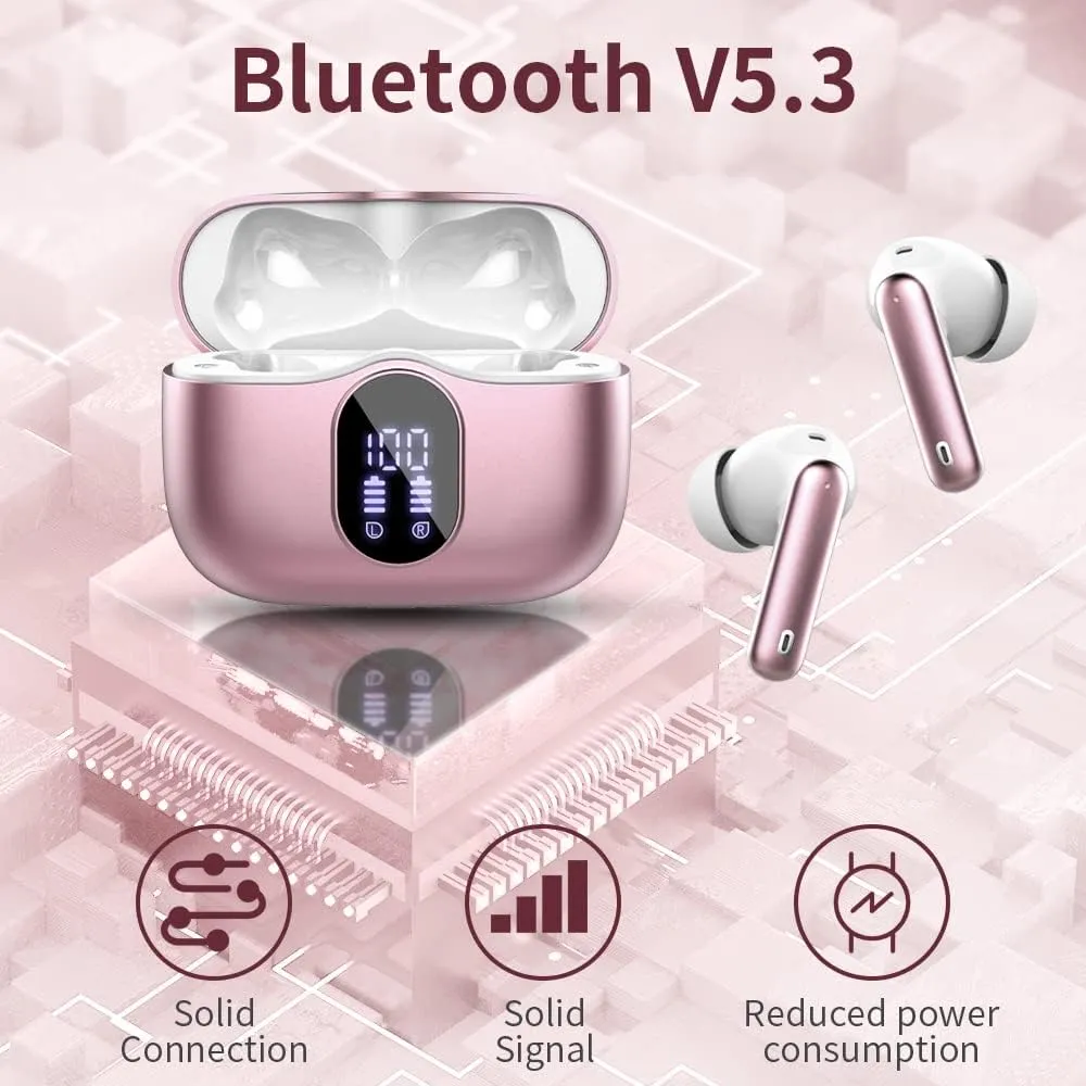 Wireless Earbuds Bluetooth 5.4 Headphones Bass Stereo Ear Buds with Noise Cancelling Mic LED Display in Ear Earphones IP7 Waterproof 36H Playtime for Laptop Pad Phones Sports Workout Rose Gold
