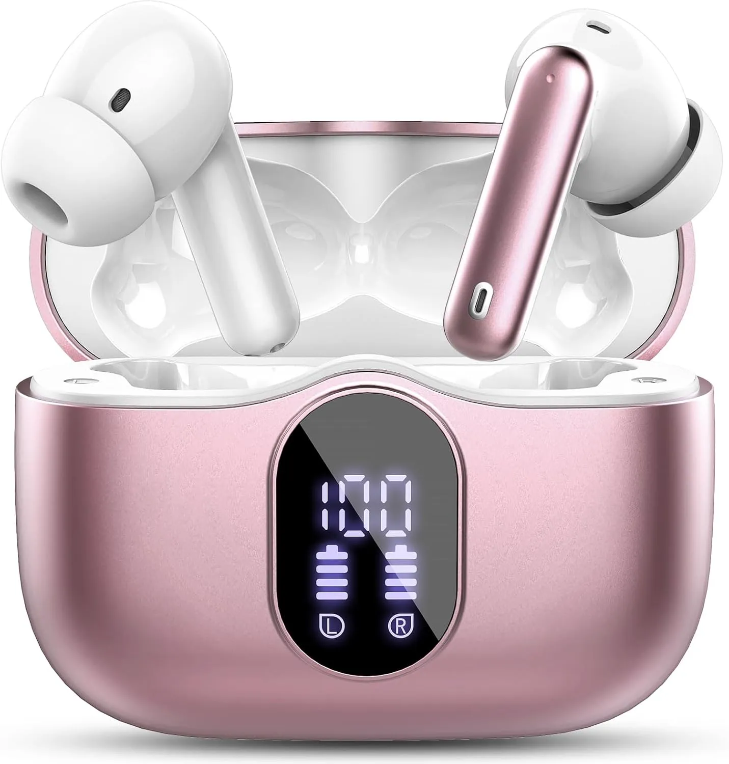 Wireless Earbuds Bluetooth 5.4 Headphones Bass Stereo Ear Buds with Noise Cancelling Mic LED Display in Ear Earphones IP7 Waterproof 36H Playtime for Laptop Pad Phones Sports Workout Rose Gold