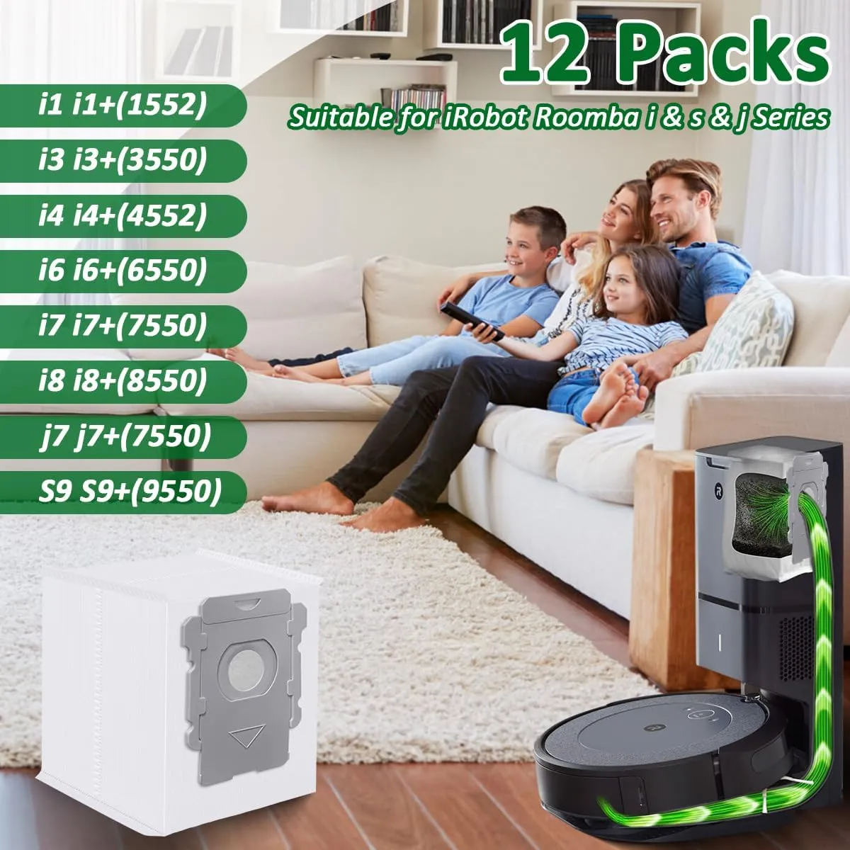 WKZO 12 Pcs Dirt Disposal Bags Replacement Parts for iRobot Roomba i1 ,i3 , i4 , i5 , i7 , i8 , j5 , j7 , Combo j7 , j8 , j9 , Combo j9 ,i & s & j Series Clean Base Automatic Vacuum Bags