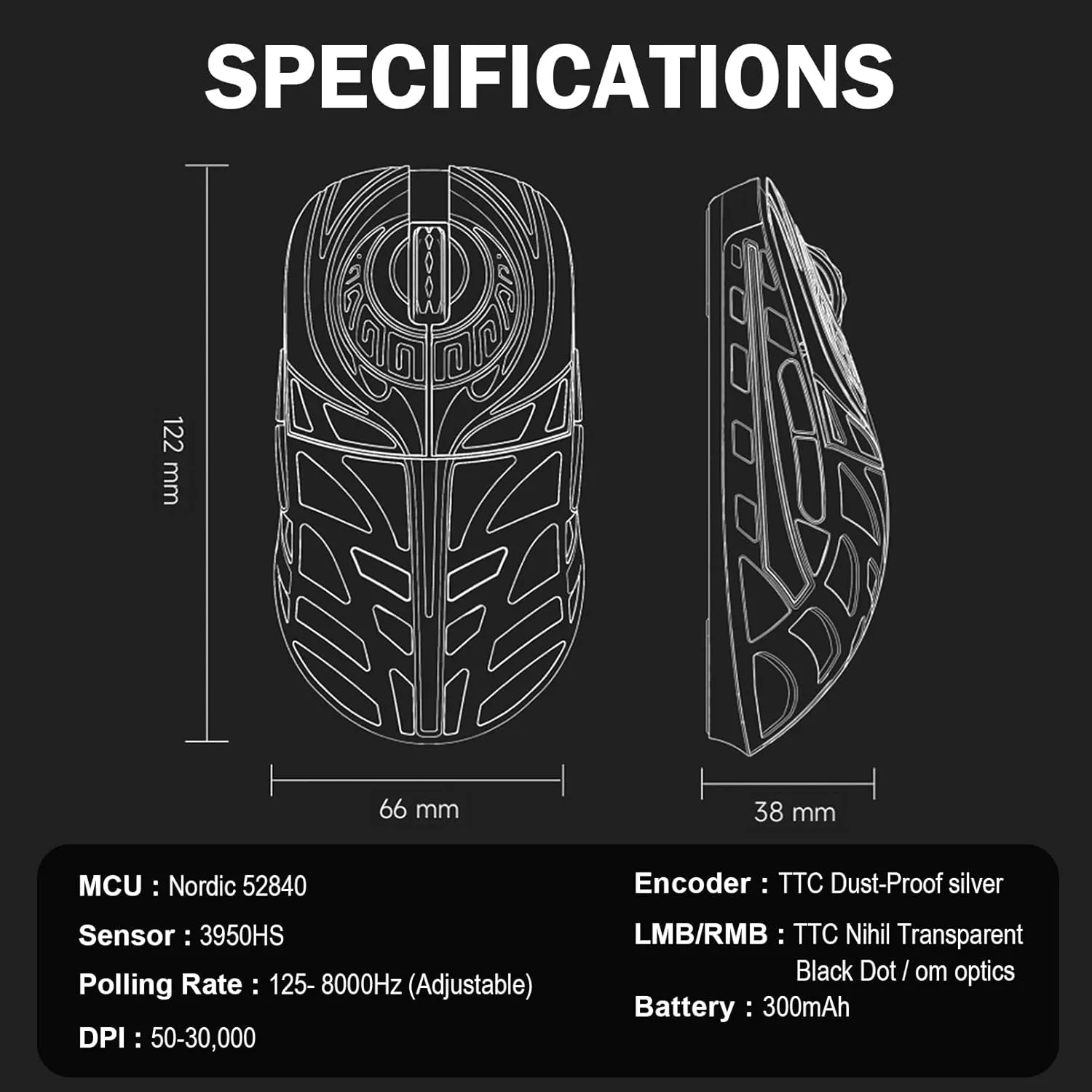 WLMOUSE Strider Magnesium Gaming Mouse 45g Superlight Magnesium Alloy Wireless Gaming Mouse, 125-8000Hz (Adjustable) Wireless Polling Rate, PAW 3950 HS Sensor, for PC/Laptop/Mac(Strider TTC-Black)
