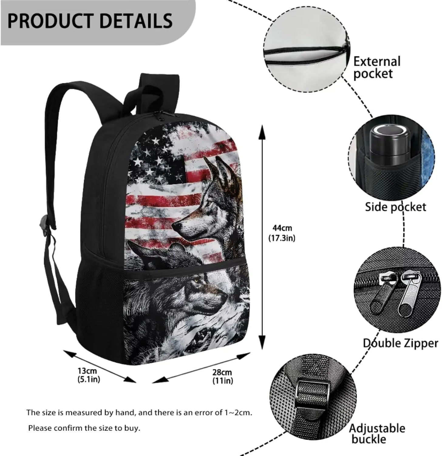 Wolf Backpack for Kids American Flag School Bag with Lunch Bag Pencil Case Water Bottle Holder 4 Piece Elementary Bookbag 17 Inch Rucksack Boys Daypack Back to School Accessories
