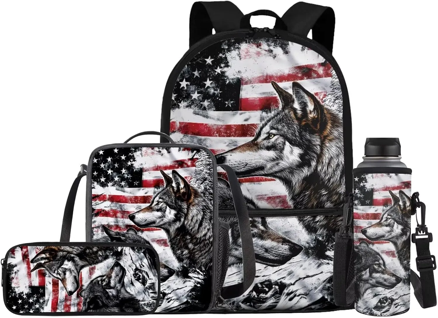 Wolf Backpack for Kids American Flag School Bag with Lunch Bag Pencil Case Water Bottle Holder 4 Piece Elementary Bookbag 17 Inch Rucksack Boys Daypack Back to School Accessories