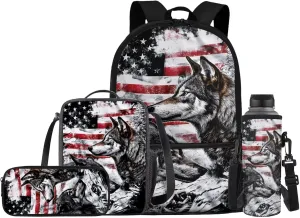 Wolf Backpack for Kids American Flag School Bag with Lunch Bag Pencil Case Water Bottle Holder 4 Piece Elementary Bookbag 17 Inch Rucksack Boys Daypack Back to School Accessories