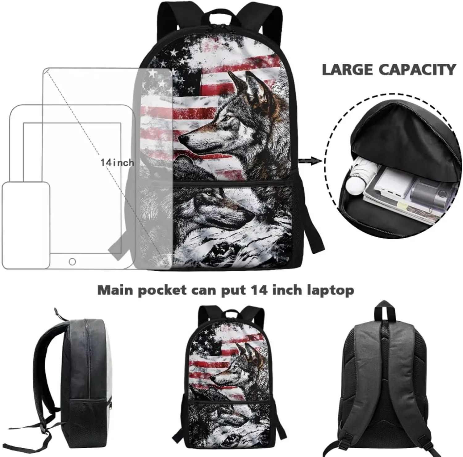 Wolf Backpack for Kids American Flag School Bag with Lunch Bag Pencil Case Water Bottle Holder 4 Piece Elementary Bookbag 17 Inch Rucksack Boys Daypack Back to School Accessories