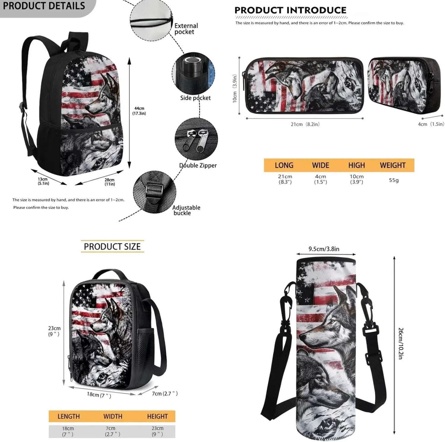 Wolf Backpack for Kids American Flag School Bag with Lunch Bag Pencil Case Water Bottle Holder 4 Piece Elementary Bookbag 17 Inch Rucksack Boys Daypack Back to School Accessories