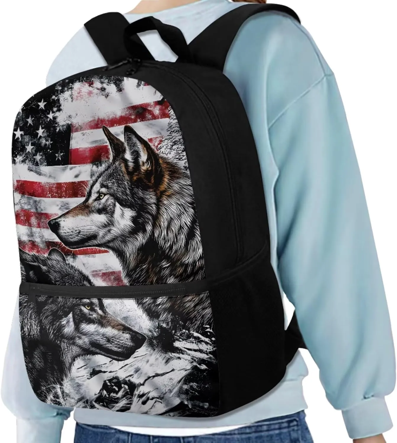 Wolf Backpack for Kids American Flag School Bag with Lunch Bag Pencil Case Water Bottle Holder 4 Piece Elementary Bookbag 17 Inch Rucksack Boys Daypack Back to School Accessories