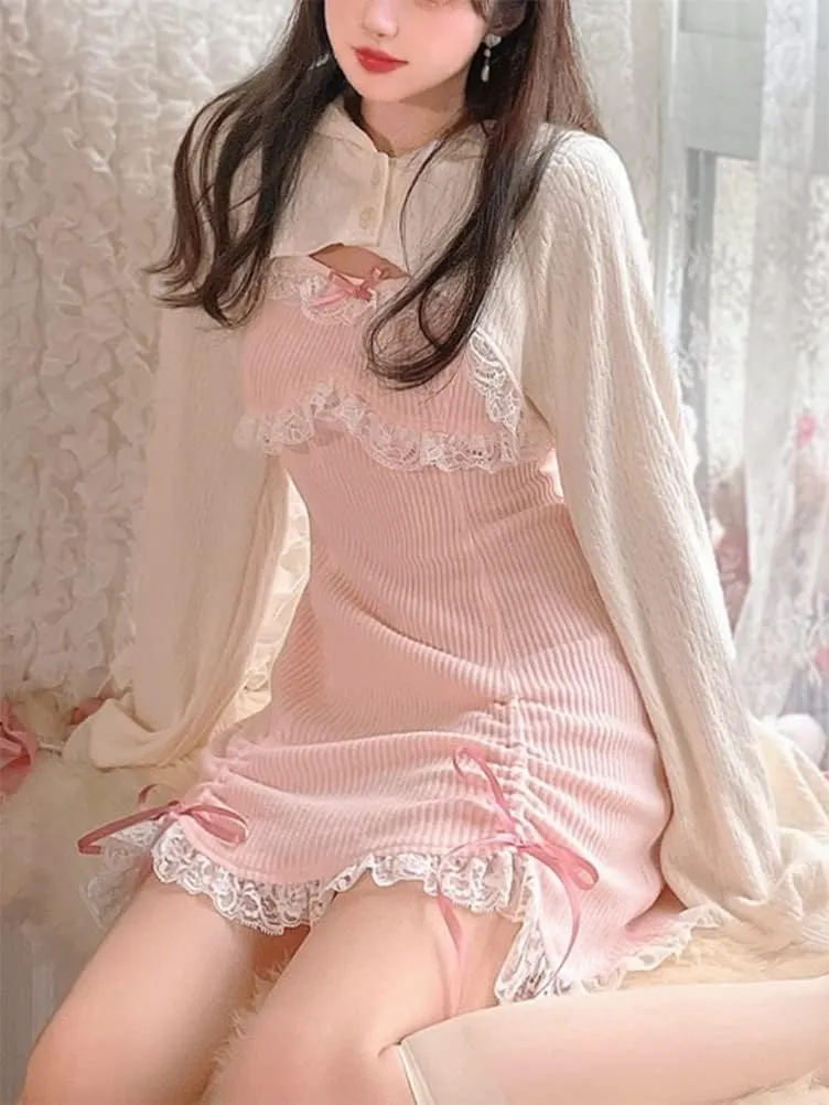 Women Japanese Lolita Sweet Lace Bow Kawaii Party Spaghetti Straps Mini Knitted Dress