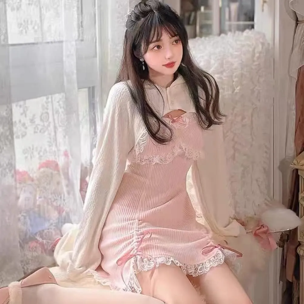 Women Japanese Lolita Sweet Lace Bow Kawaii Party Spaghetti Straps Mini Knitted Dress