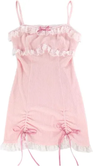 Women Japanese Lolita Sweet Lace Bow Kawaii Party Spaghetti Straps Mini Knitted Dress